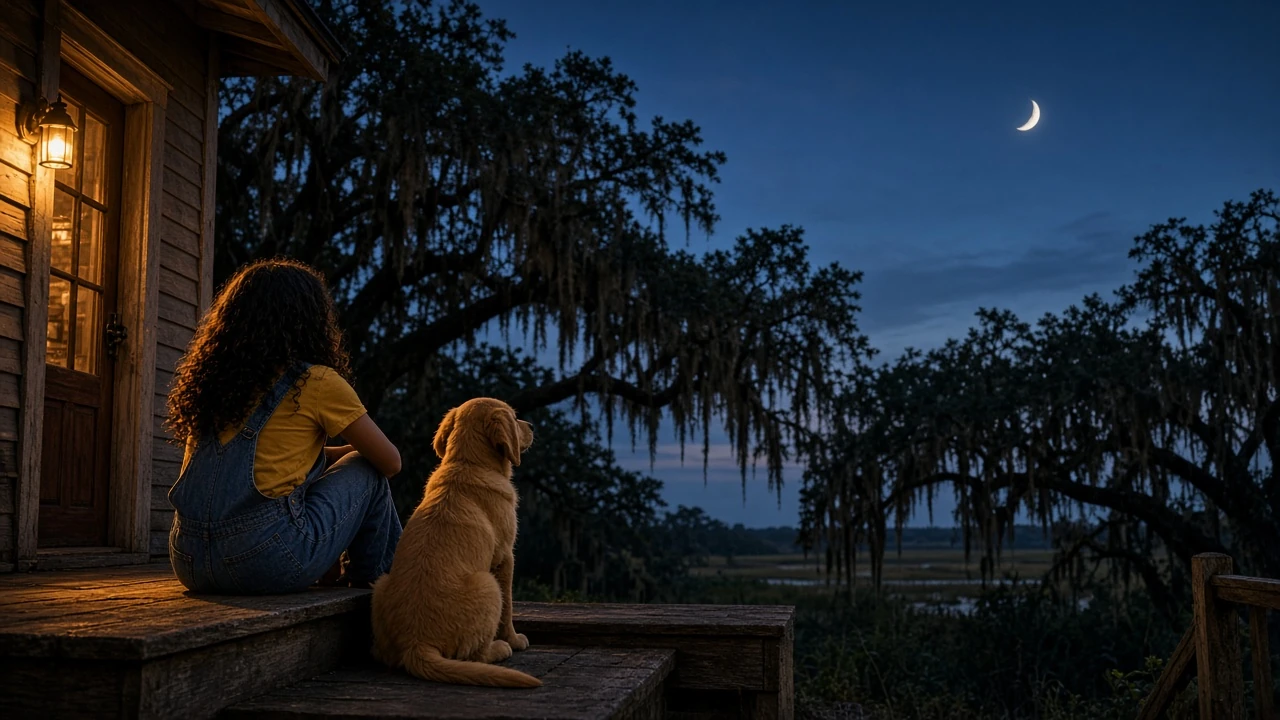 At dusk, the girl and her golden retriever puppy sit on the porch steps under the oaks, looking up at a crescent moon.