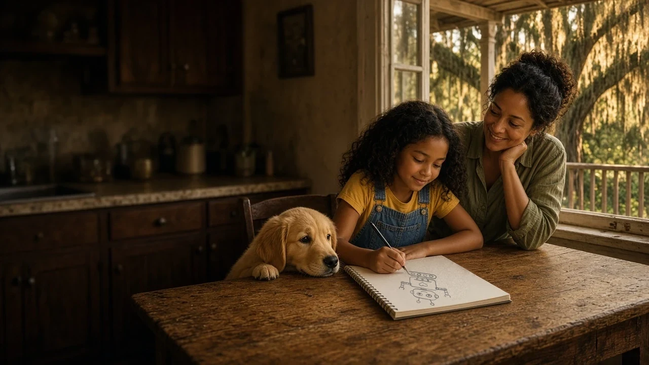At a warm kitchen table, a young girl draws a robot in her sketchbook while her mum smiles beside her and a golden retriever puppy watches from the table edge.
