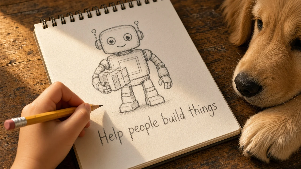 Close-up of a child’s sketchbook: a pencil drawing of a friendly robot holding a block, labelled “Help people build things”, with her hand, pencil and the puppy’s nose and paw beside the page.